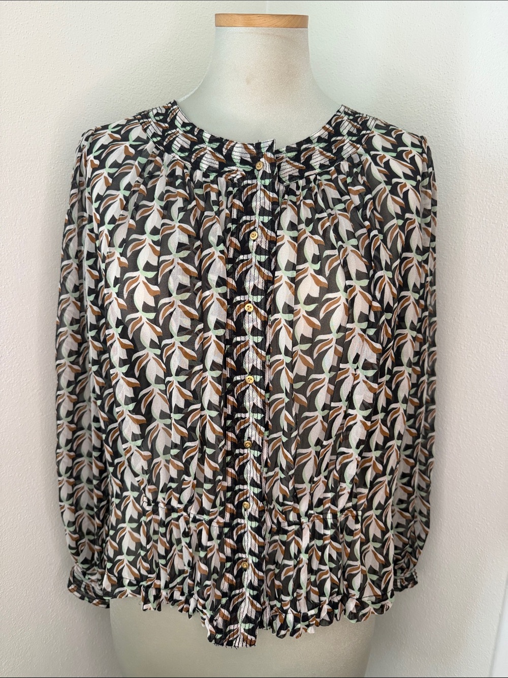 DVF Aniya 100% silk brown green print blouse 6 Diane Von Furstenberg